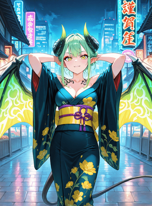 dragon, woman, kimono, street, lanterns, market
