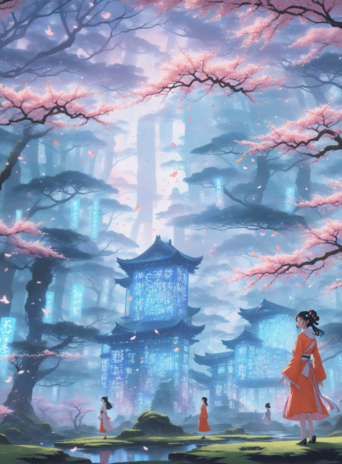 girl, cherry tree, pagoda