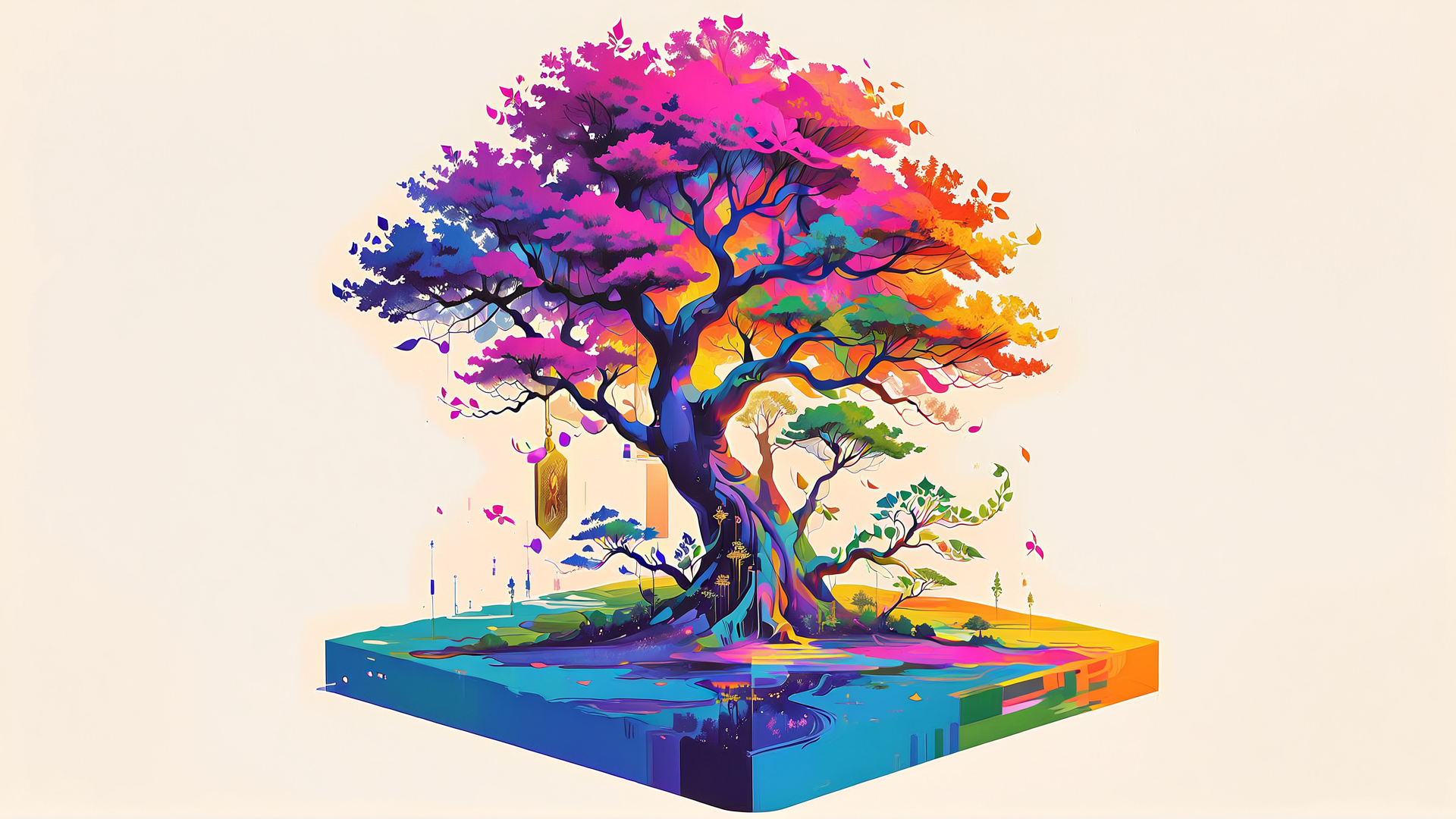 AI generated wallpaper featuring tree, landscape, art, nature, colorful