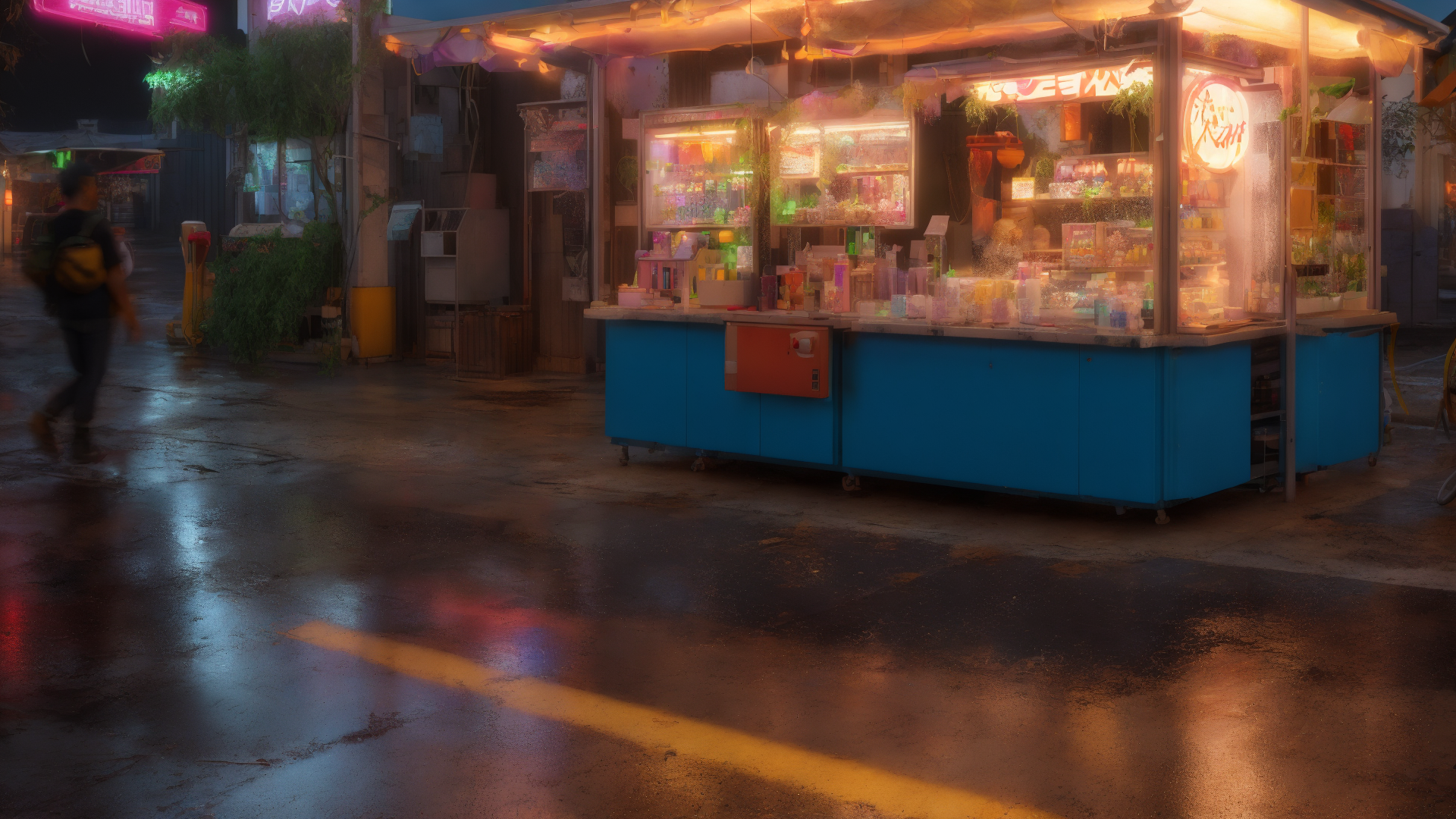 AI generated wallpaper featuring kiosk, street, shop