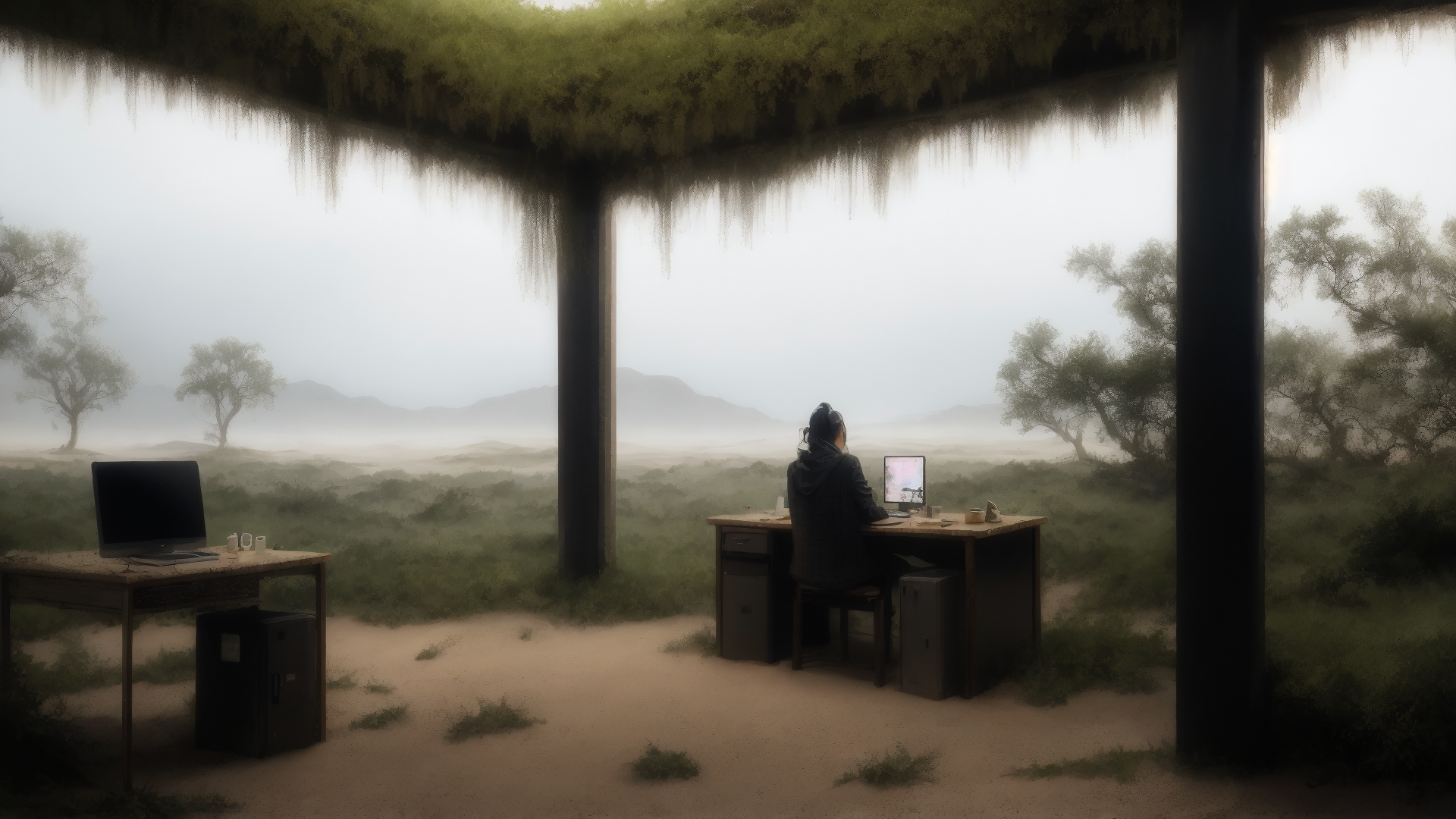 AI generated wallpaper featuring person, desk, computer