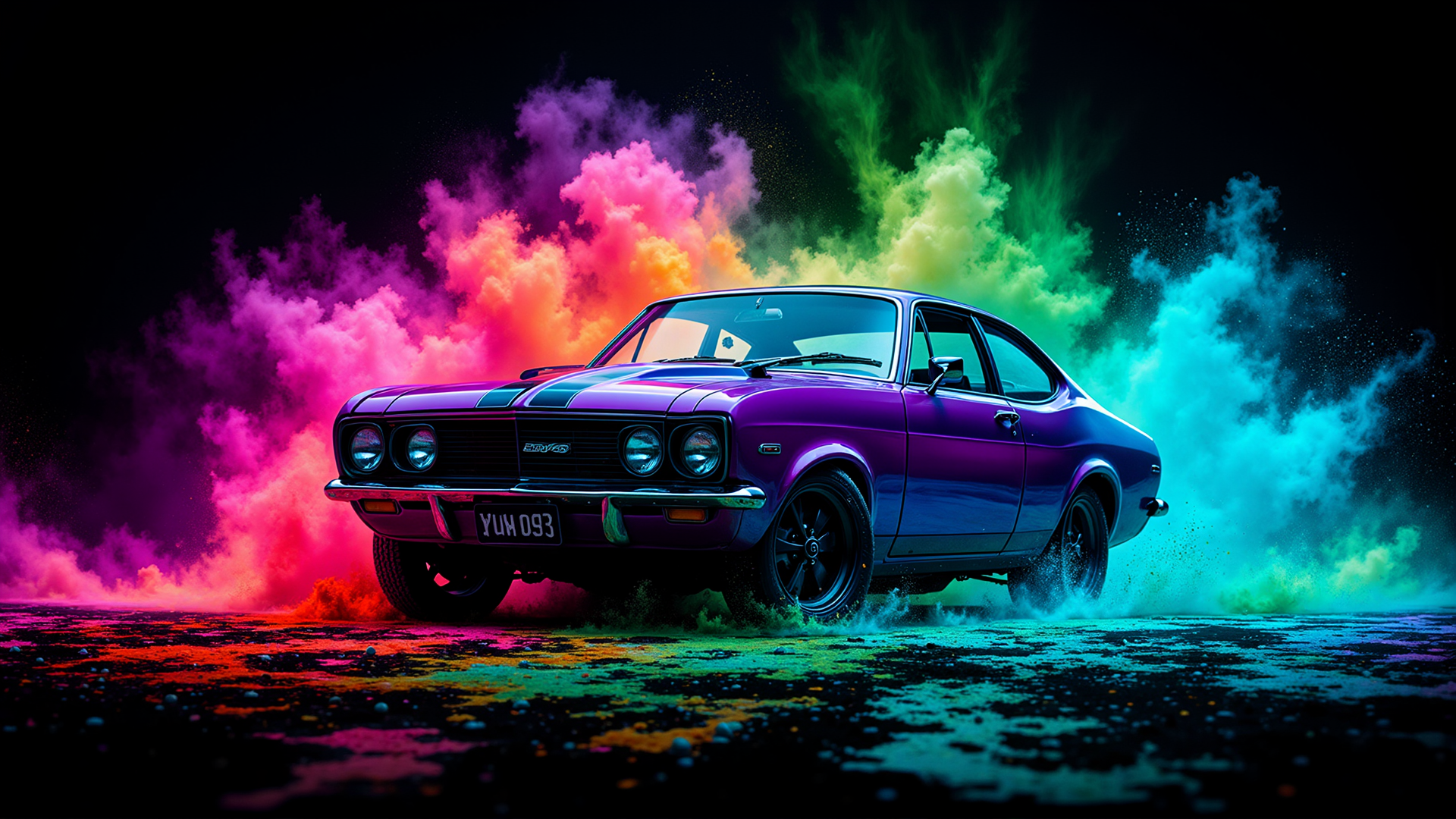 AI generated wallpaper featuring car, smoke, road, paint, dust