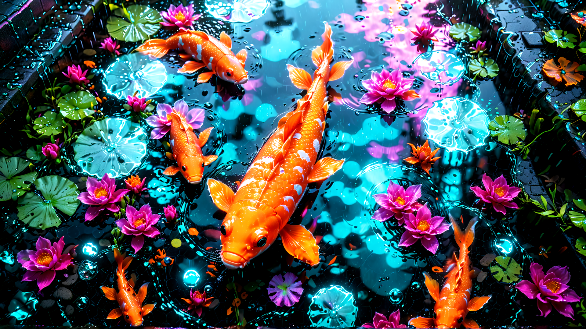 AI generated wallpaper featuring koi fish, lotus flowers, water lily, pond, bubbles, lily pads, raindrops, flowers, water, bubbles