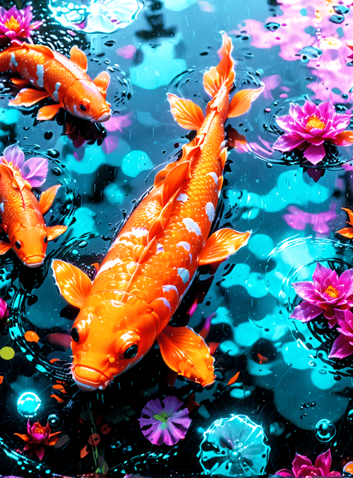 koi fish, lotus flowers, water lily, pond, bubbles, lily pads, raindrops, flowers, water, bubbles