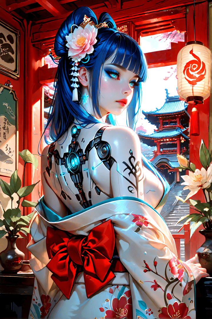 AI generated wallpaper featuring cybernetic, geisha, robot, anime, character, fashion