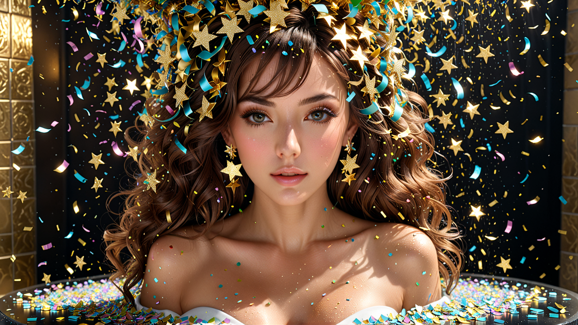 AI generated wallpaper featuring woman, confetti, stars, ribbons, hair