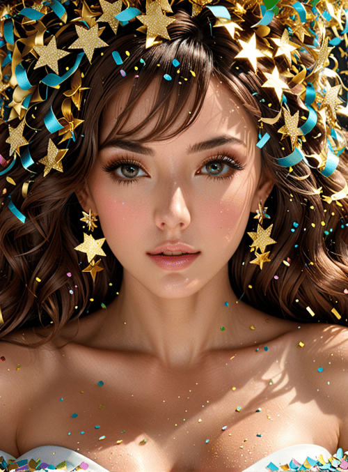 woman, confetti, stars, ribbons, hair
