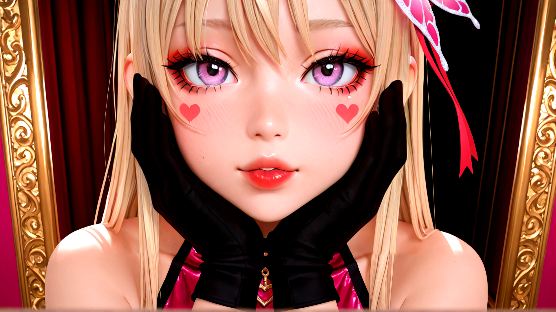 AI generated wallpaper featuring anime girl, blonde hair, heart cheeks, black gloves, butterfly hair accessory