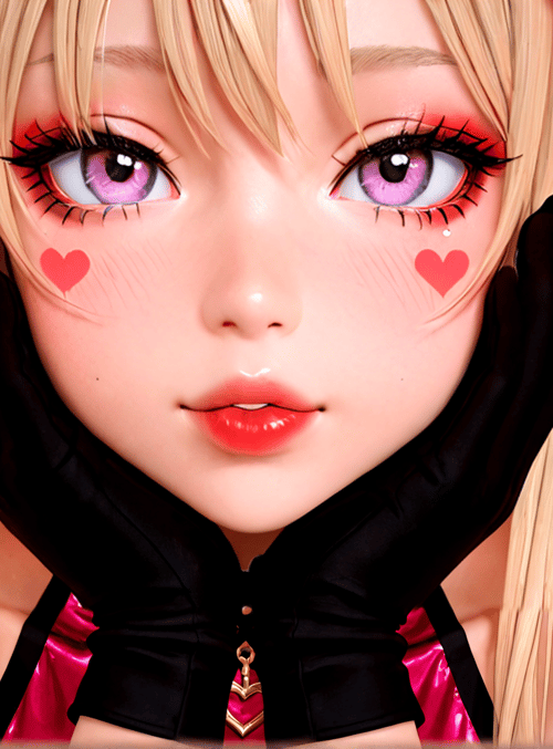 anime girl, blonde hair, heart cheeks, black gloves, butterfly hair accessory