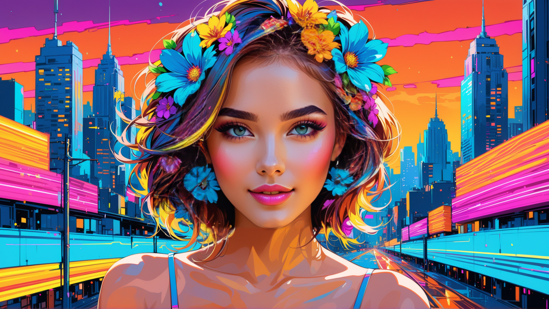 AI generated wallpaper featuring woman, flowers, city