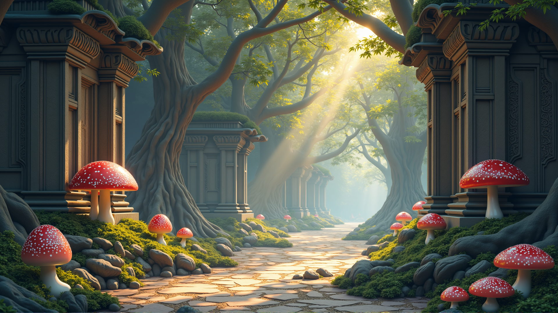 AI generated wallpaper featuring trees, mushrooms, buildings, path, rocks, sunlight