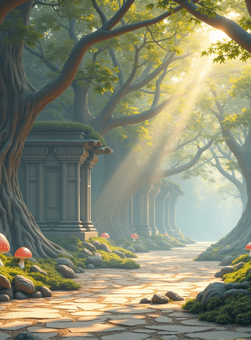 trees, mushrooms, buildings, path, rocks, sunlight