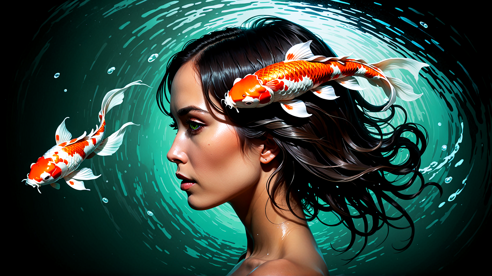 AI generated wallpaper featuring woman, koi fish, hair, water