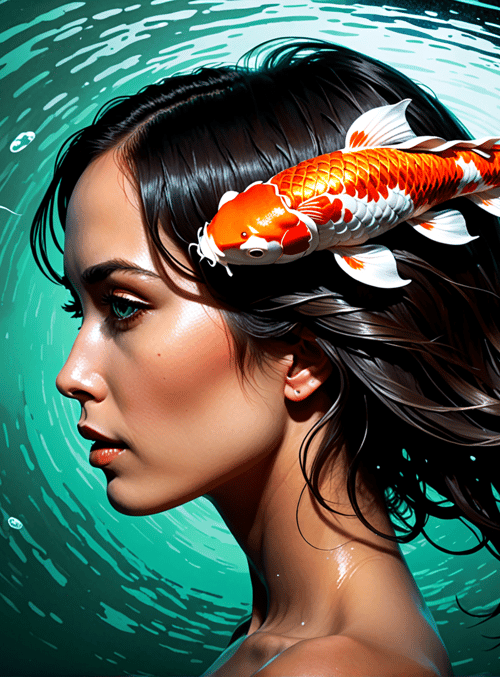 woman, koi fish, hair, water