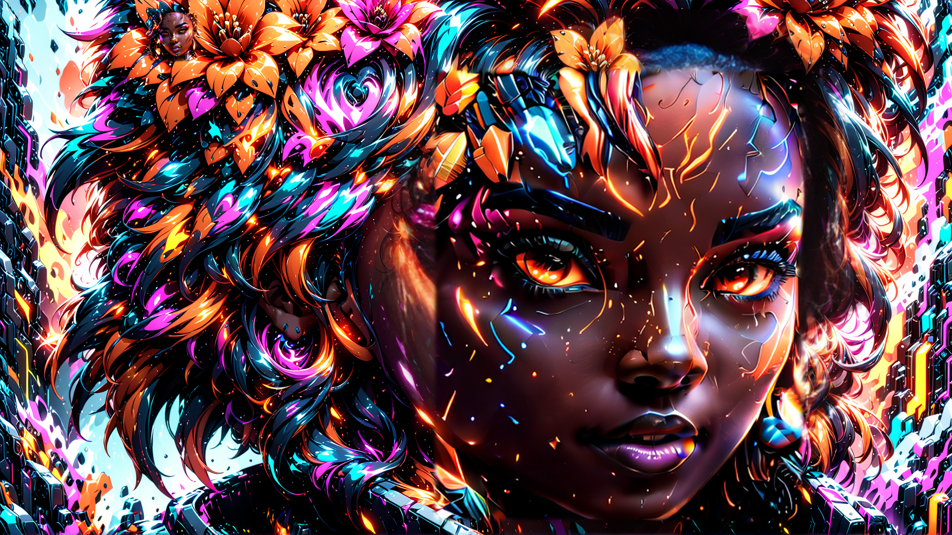 AI generated wallpaper featuring woman, neon, flowers