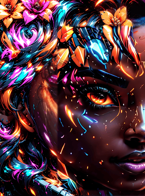 woman, neon, flowers