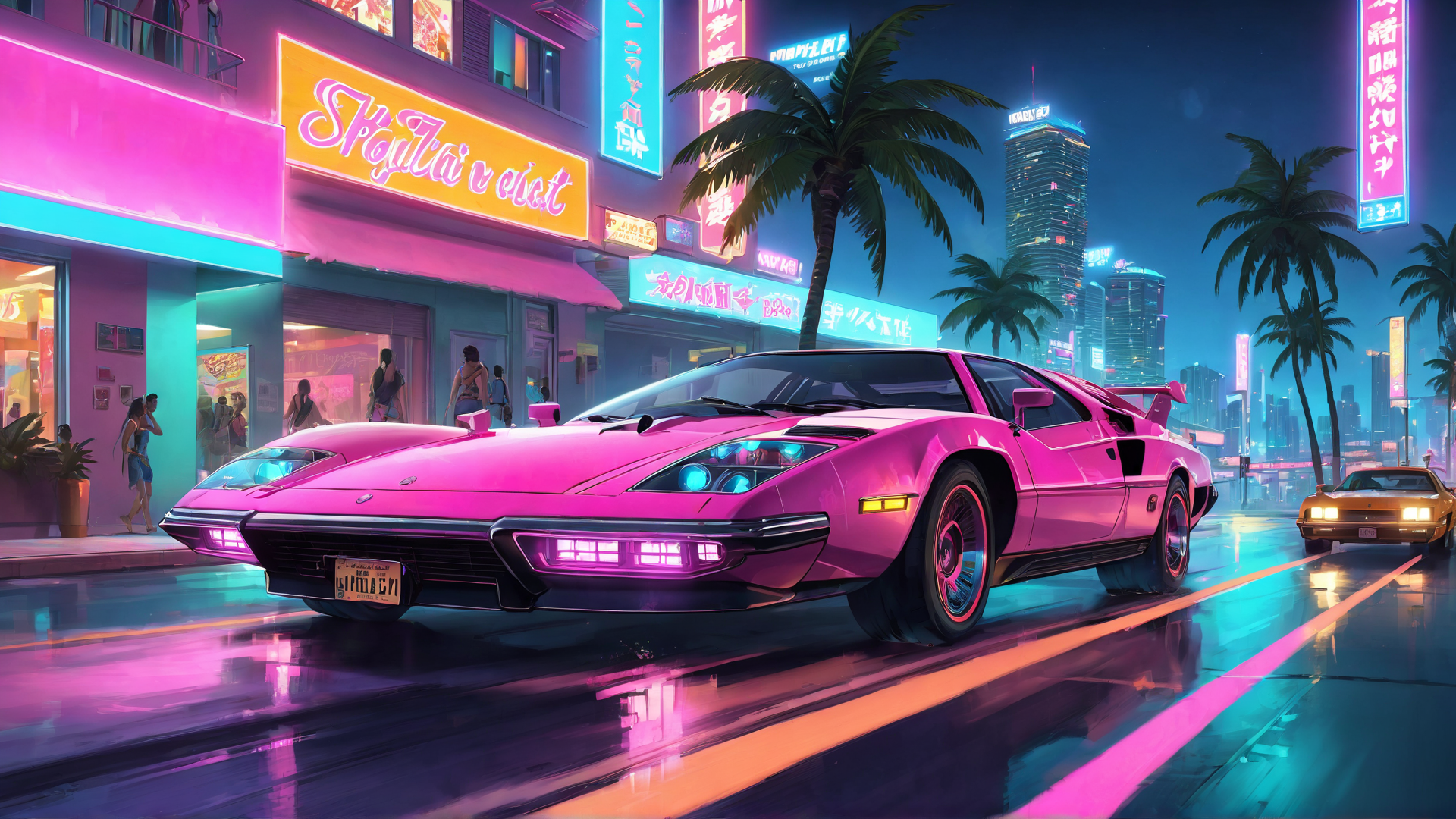 AI generated wallpaper featuring car, city, neon
