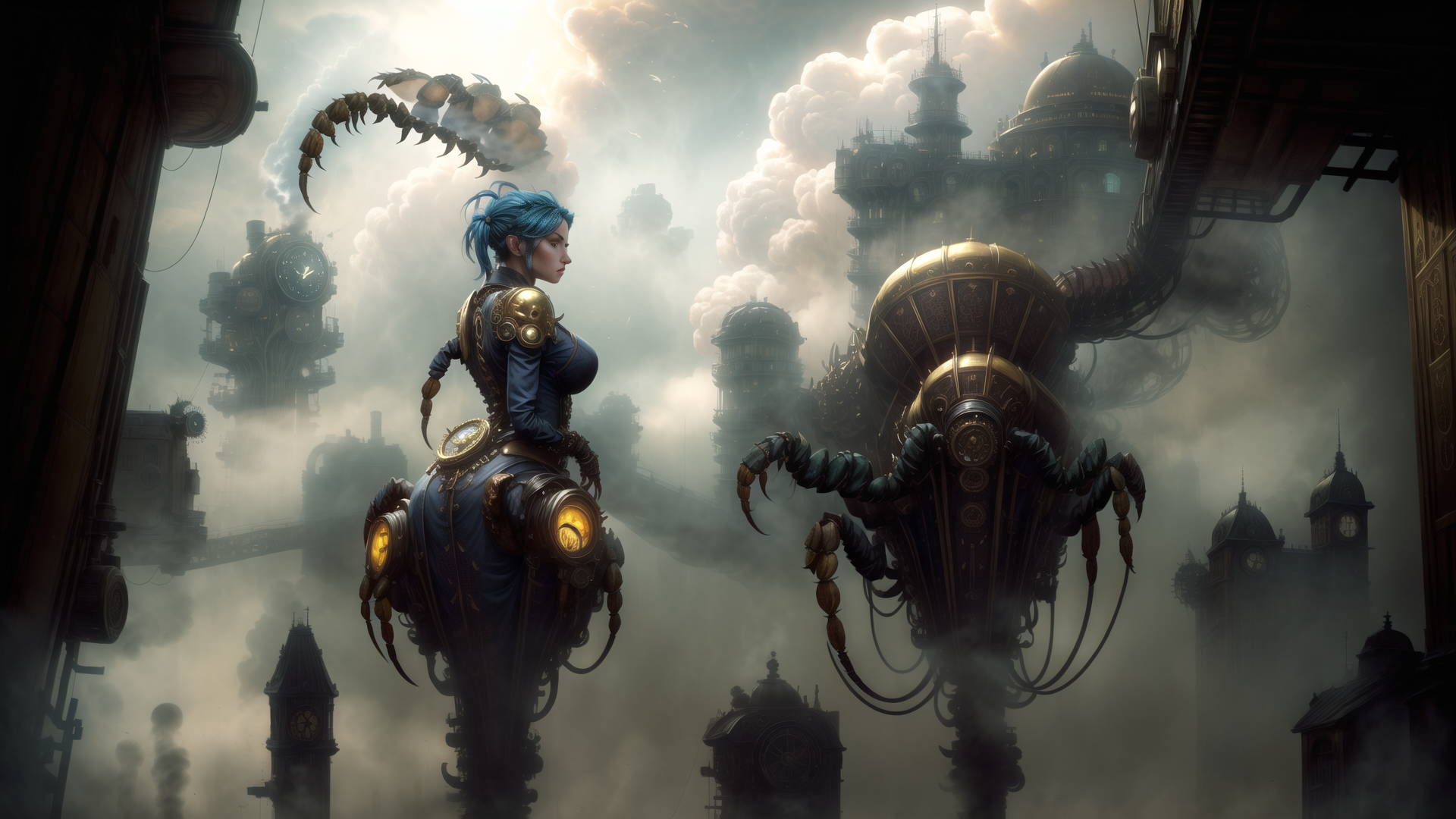 AI generated wallpaper featuring steampunk, woman, mechanical, cityscape, airship