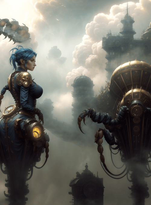 steampunk, woman, mechanical, cityscape, airship