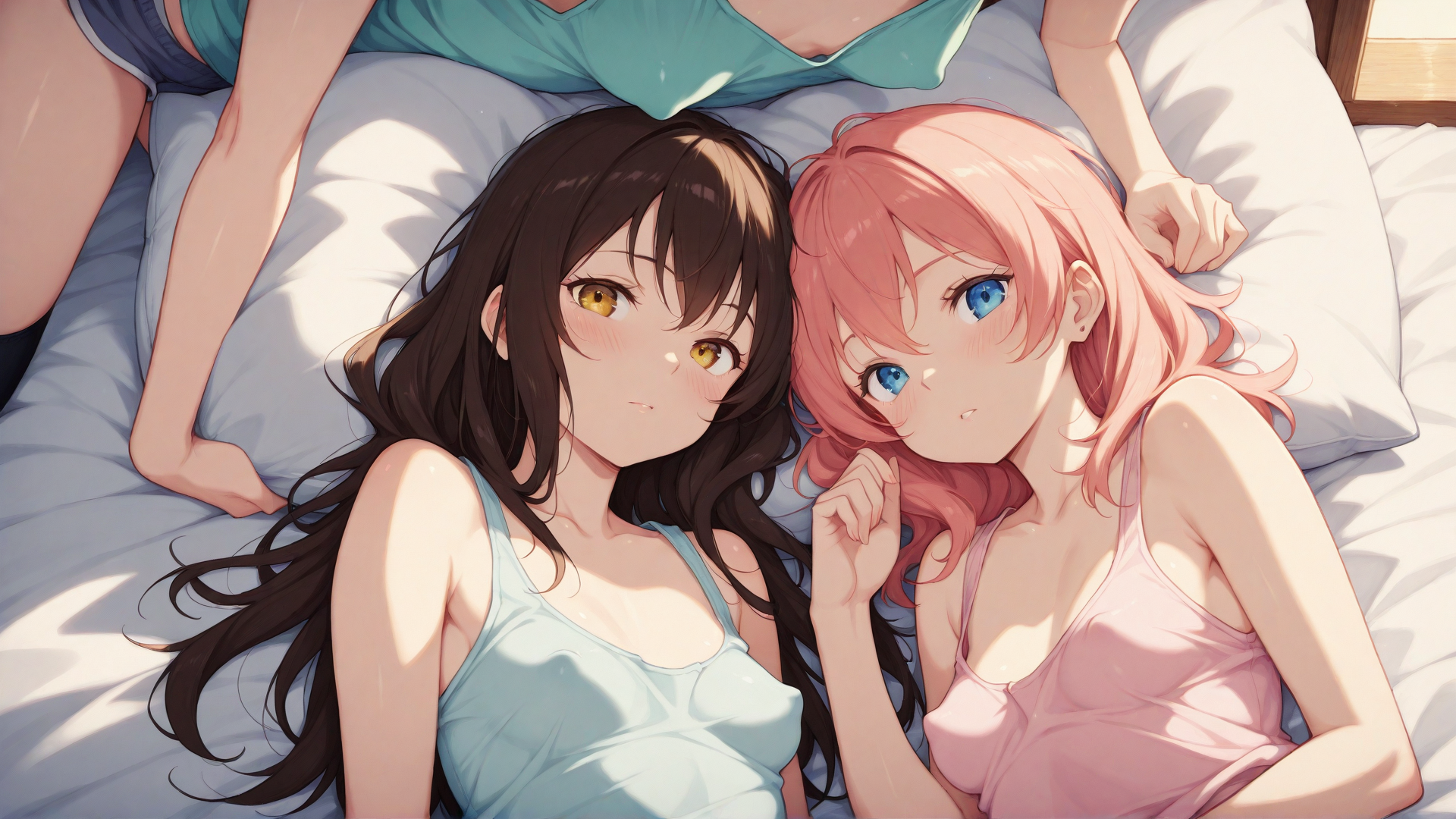 AI generated wallpaper featuring girls, anime, bed