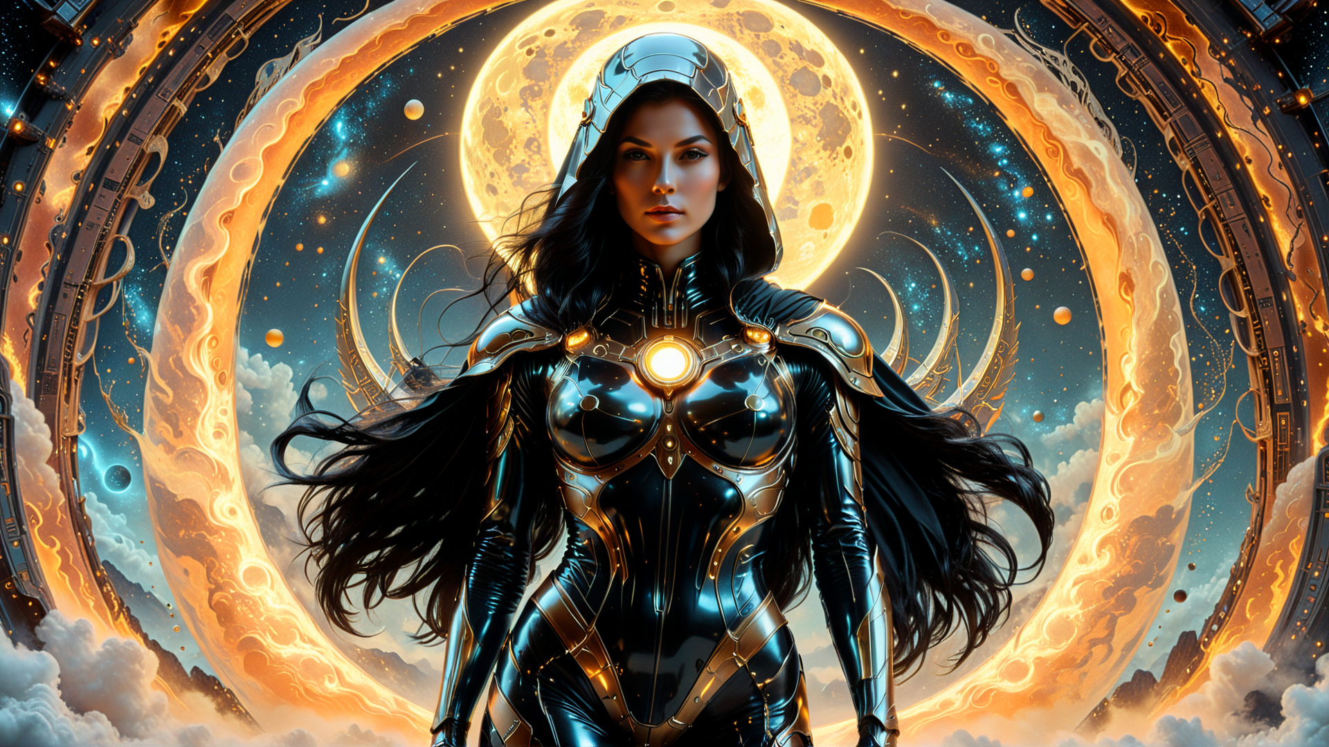 AI generated wallpaper featuring woman, armor, moon, cosmos, space, helmet, goddess, solar, ring, stars
