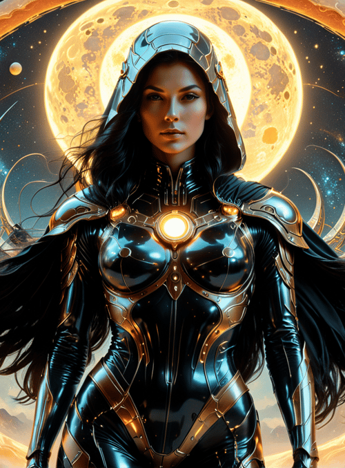 woman, armor, moon, cosmos, space, helmet, goddess, solar, ring, stars