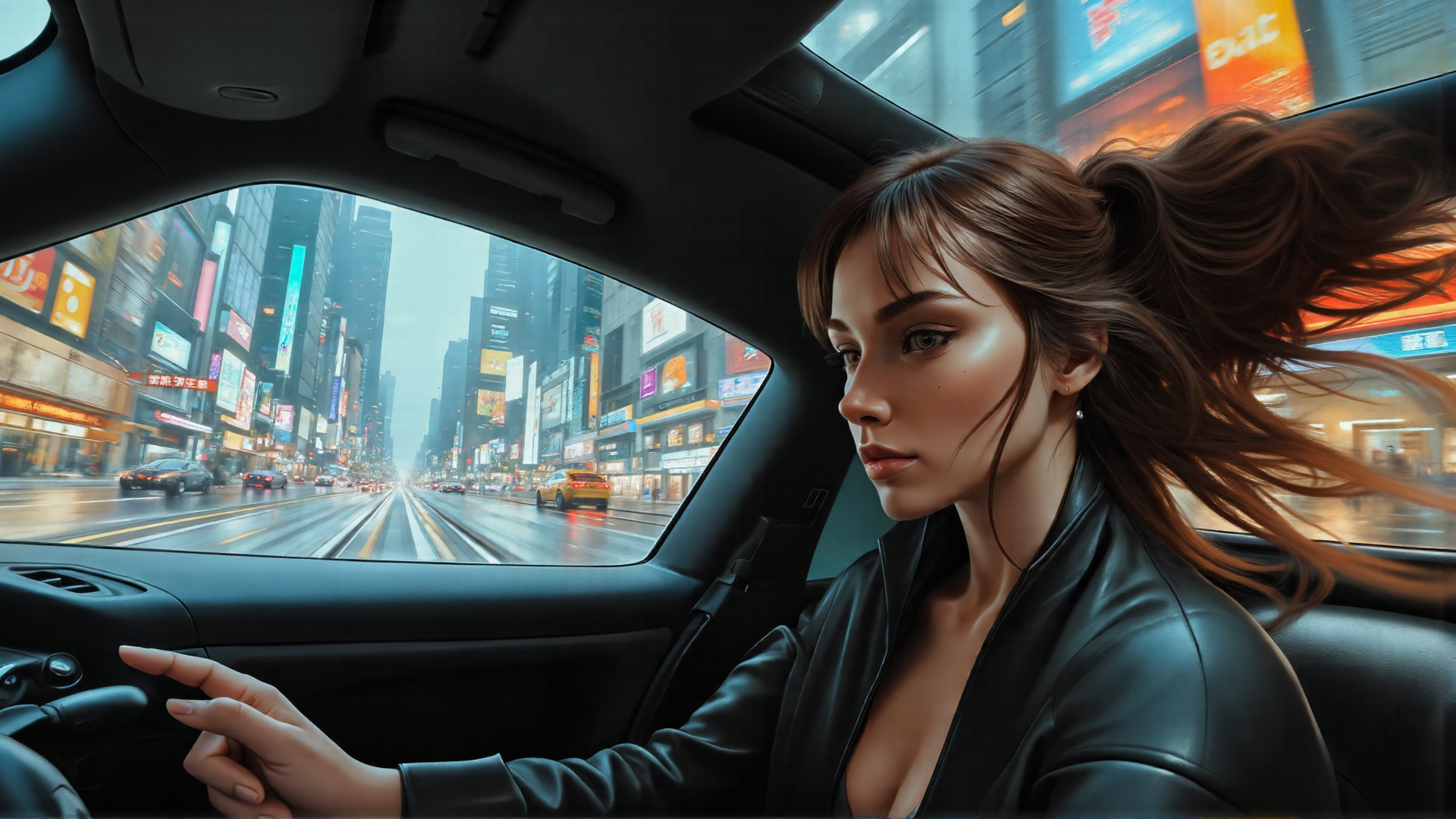 AI generated wallpaper featuring woman, car, city, street, driver, signs, buildings, hair, road, taxi