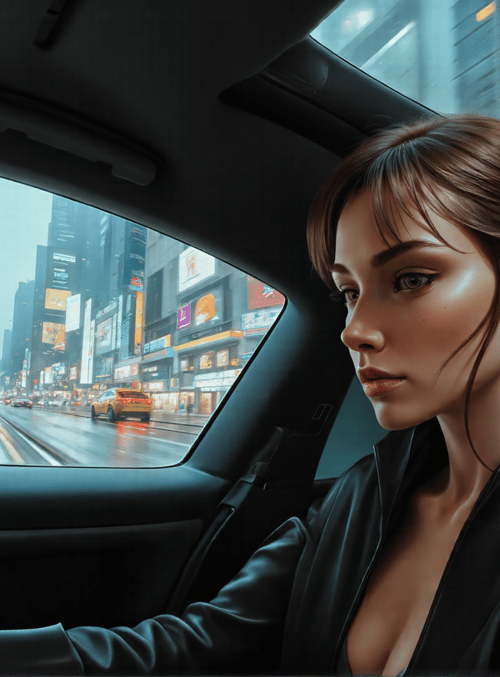 woman, car, city, street, driver, signs, buildings, hair, road, taxi