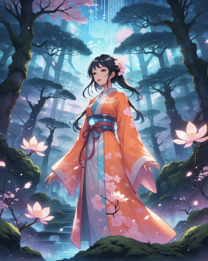AI generated wallpaper featuring girl, kimono, forest