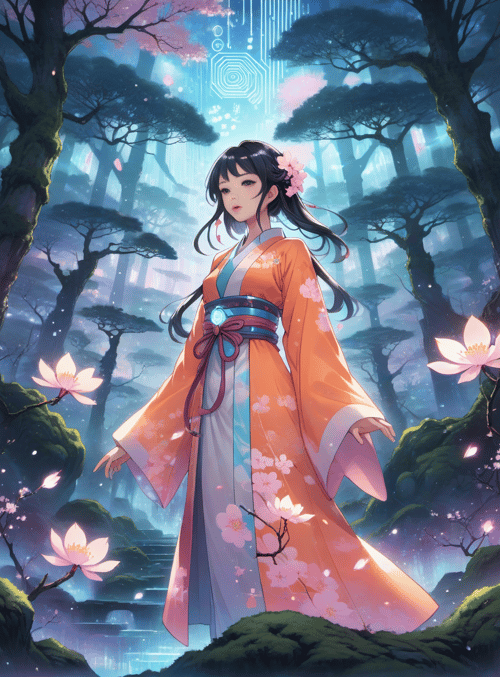 girl, kimono, forest