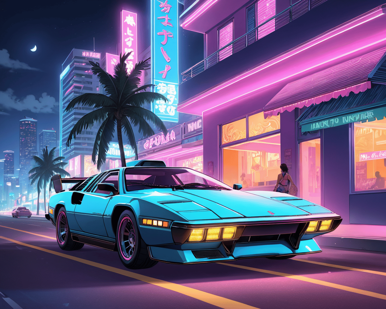 AI generated wallpaper featuring car, cityscape, palm tree