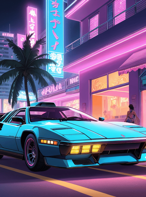 car, cityscape, palm tree