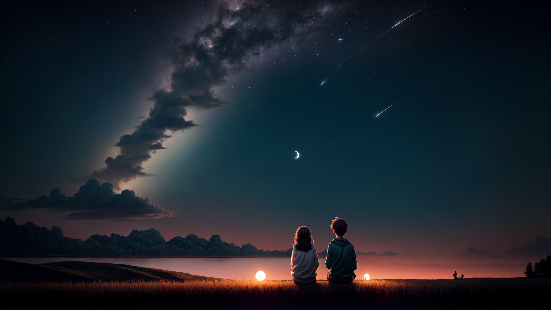 AI generated wallpaper featuring children, stars, moon, comets, clouds, lake, grass, silhouette, distant figures, night sky
