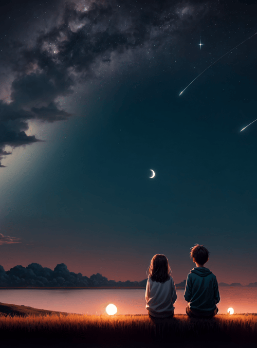 children, stars, moon, comets, clouds, lake, grass, silhouette, distant figures, night sky