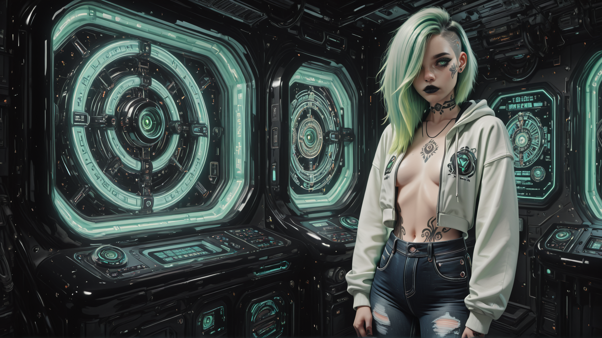 AI generated wallpaper featuring woman, cyberpunk, tattoo, hoodie, jeans