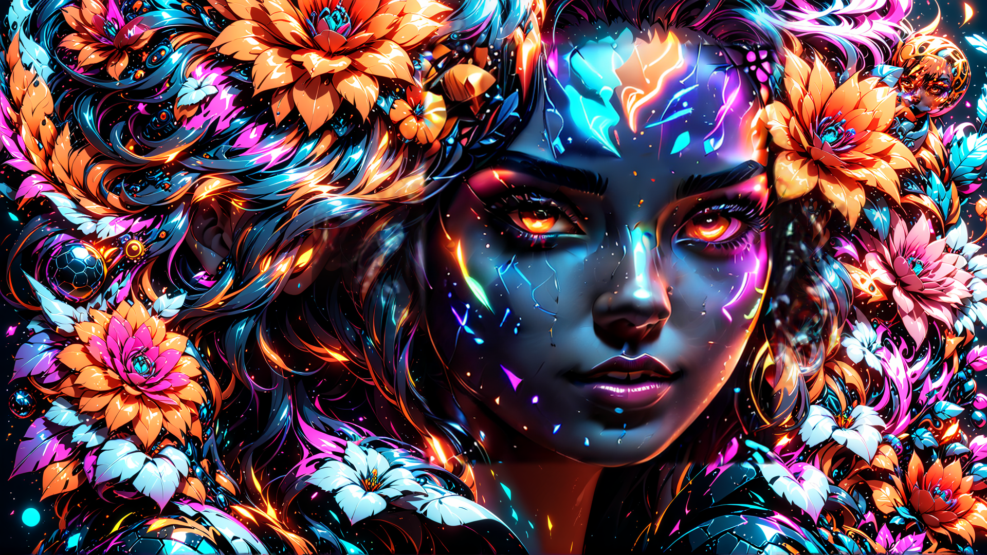 AI generated wallpaper featuring woman, flowers, digital