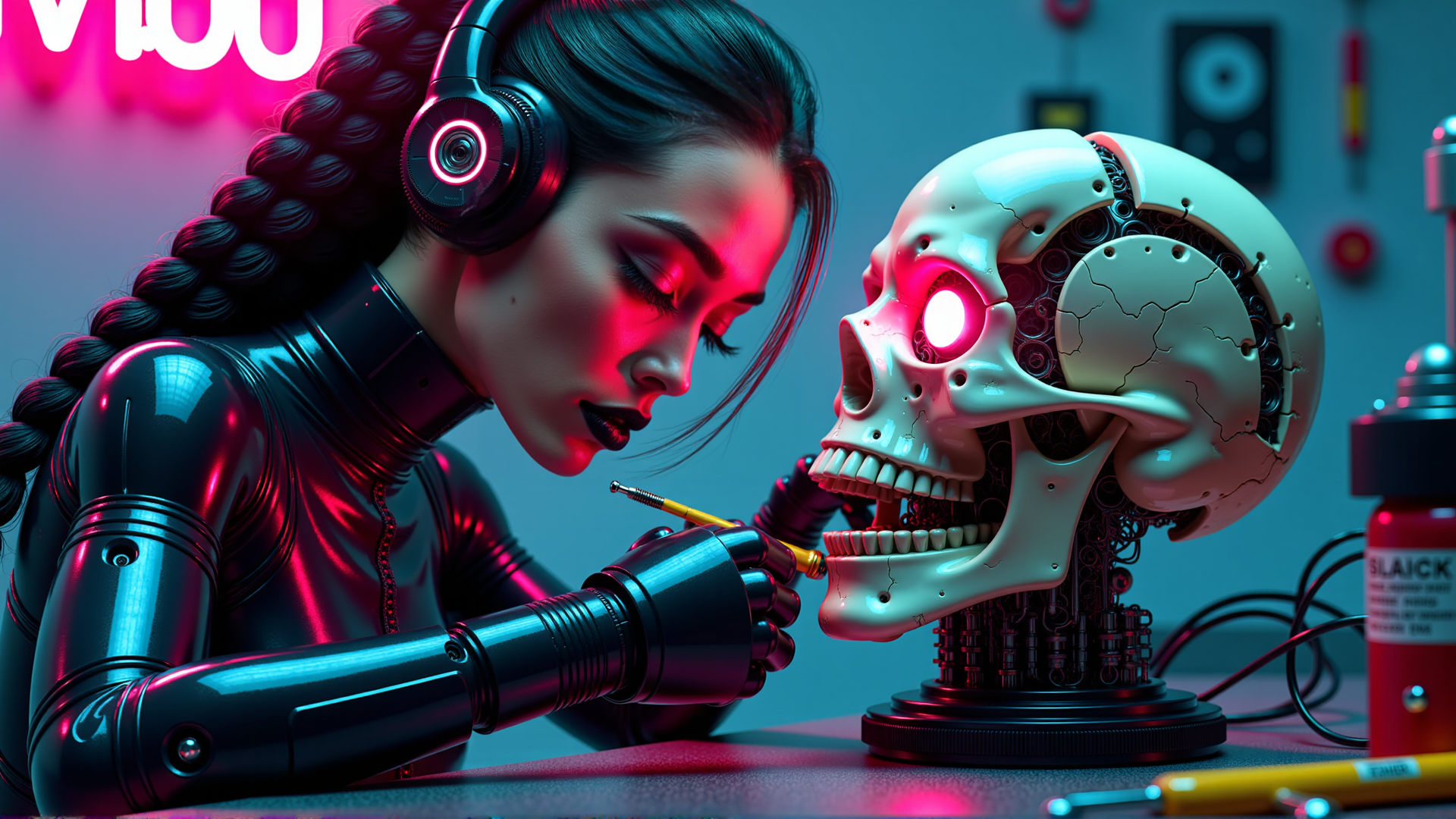 AI generated wallpaper featuring cyborg, robotic skull, artist