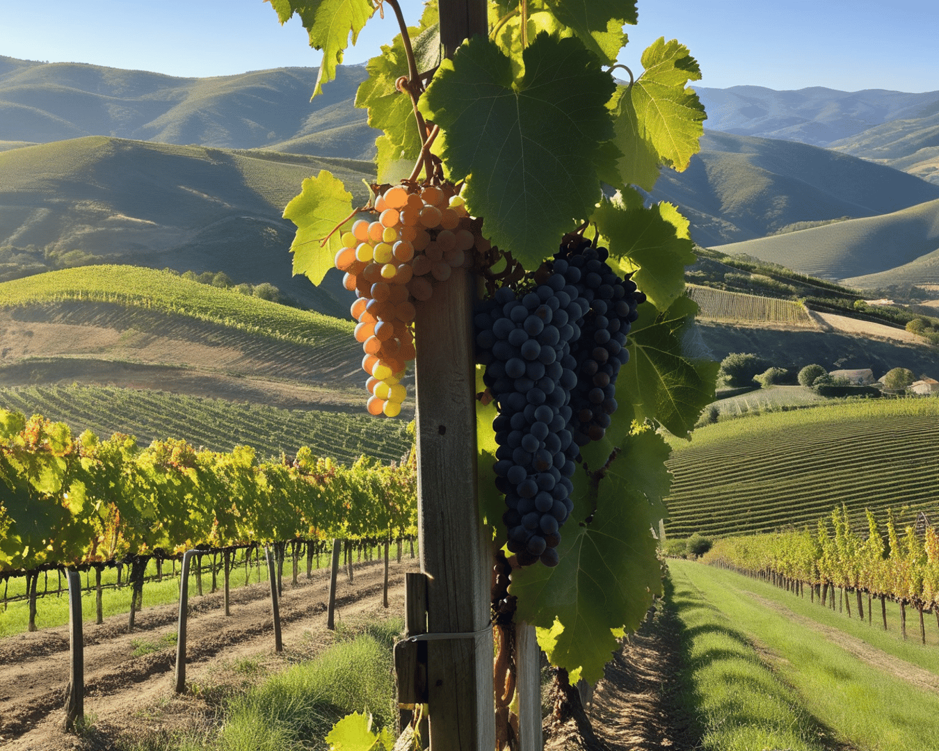 AI generated wallpaper featuring grapes, vineyard, mountains