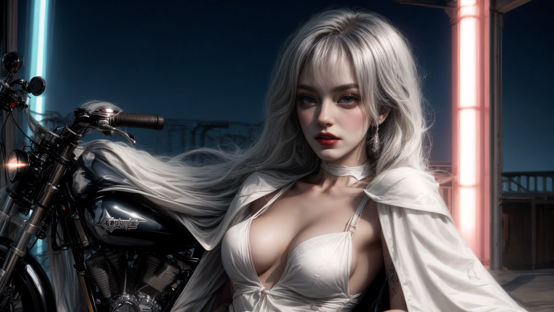AI generated wallpaper featuring woman, motorcycle, cape