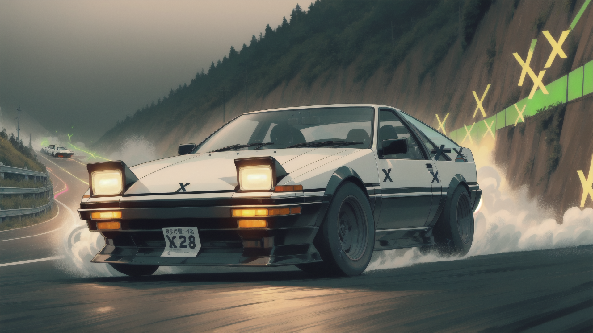 AI generated wallpaper featuring car, road, mountain, tree, license plate, smoke, light