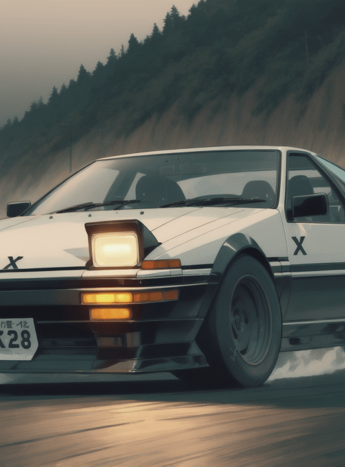 car, road, mountain, tree, license plate, smoke, light