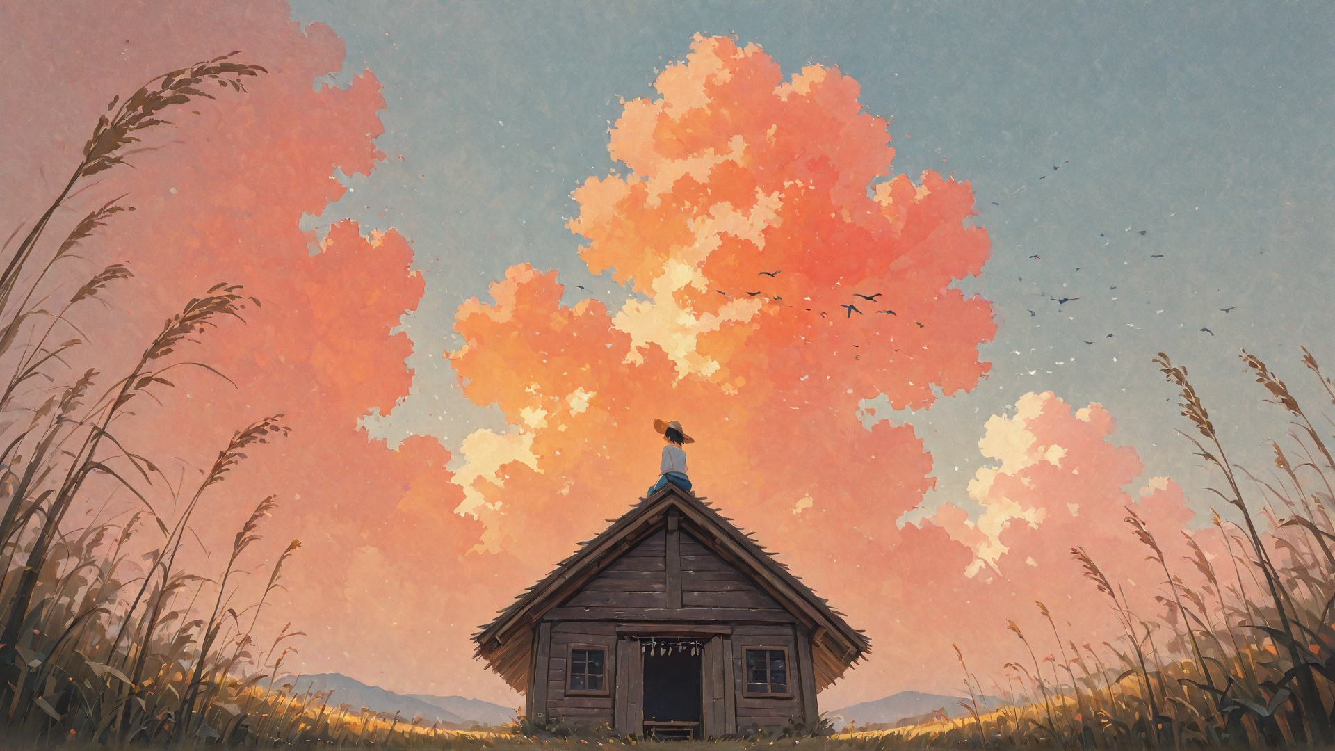 AI generated wallpaper featuring house, person, clouds