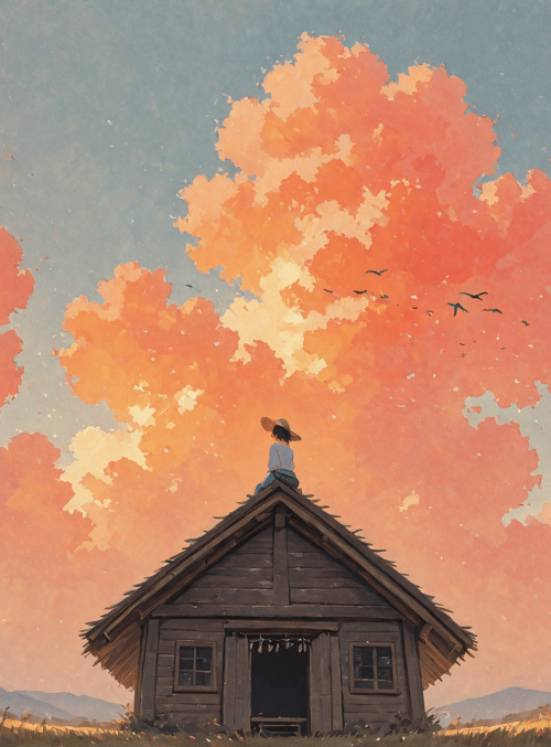 house, person, clouds
