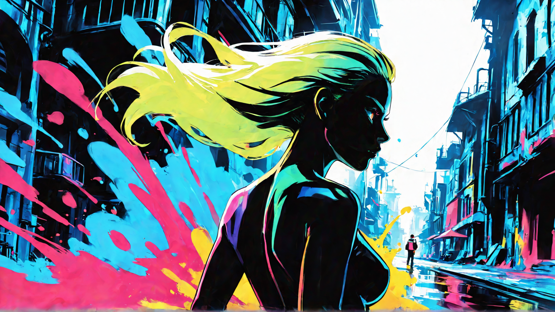 AI generated wallpaper featuring woman, city street, paint splatter, buildings, silhouette