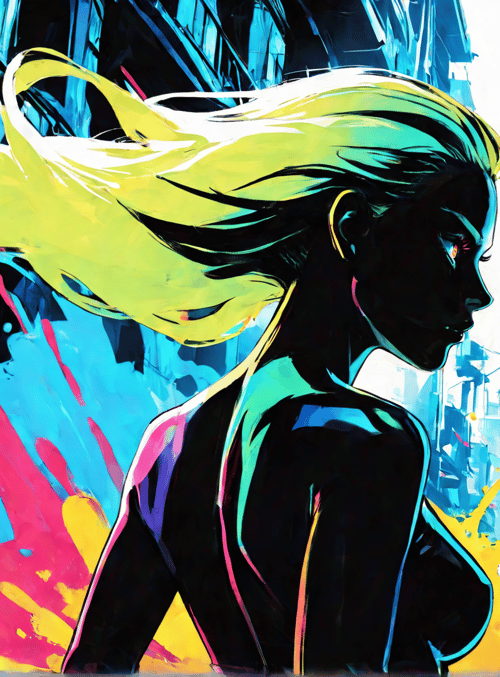 woman, city street, paint splatter, buildings, silhouette