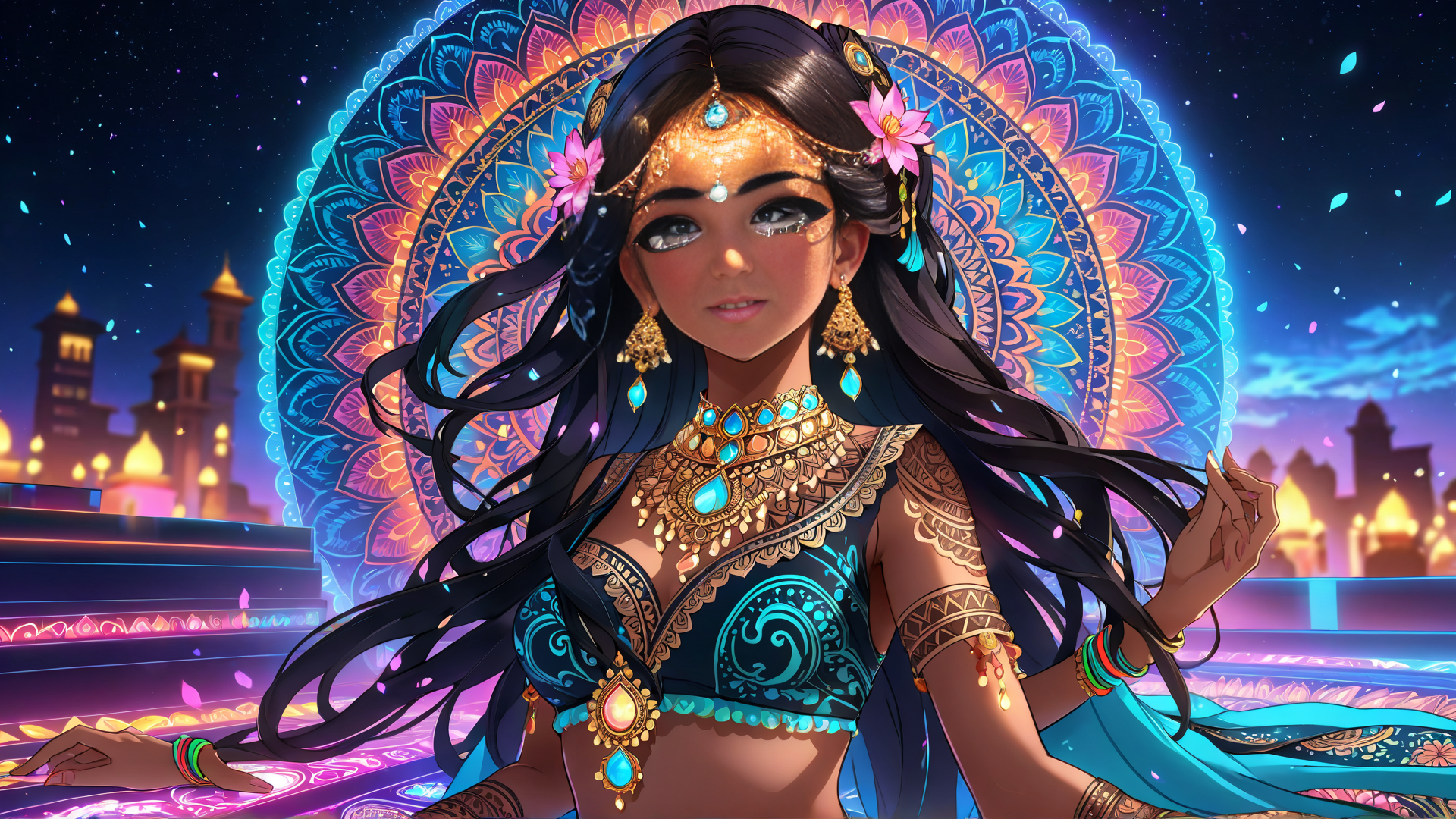 AI generated wallpaper featuring woman, mandala, cityscape