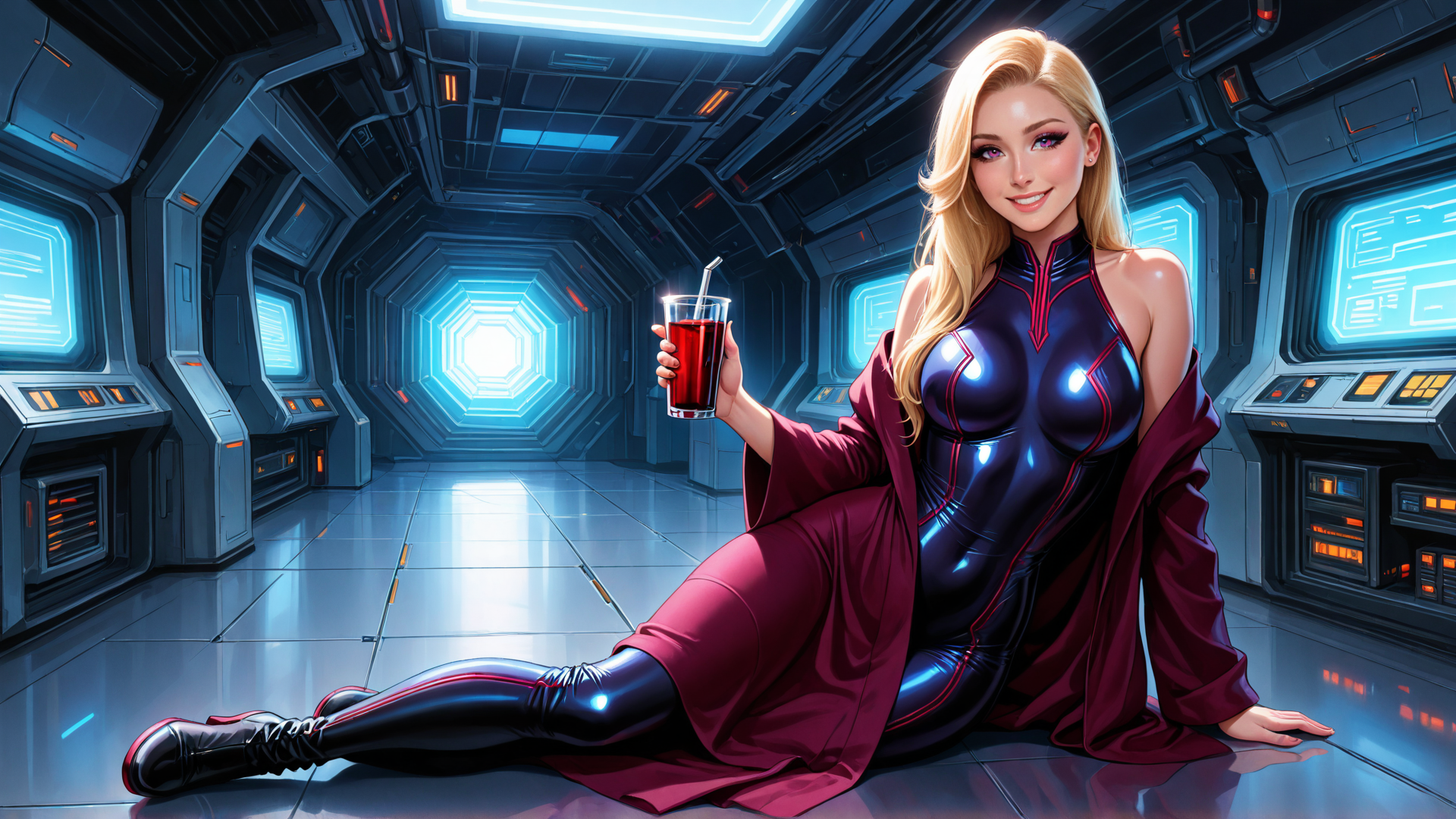 AI generated wallpaper featuring woman, spaceship, drink