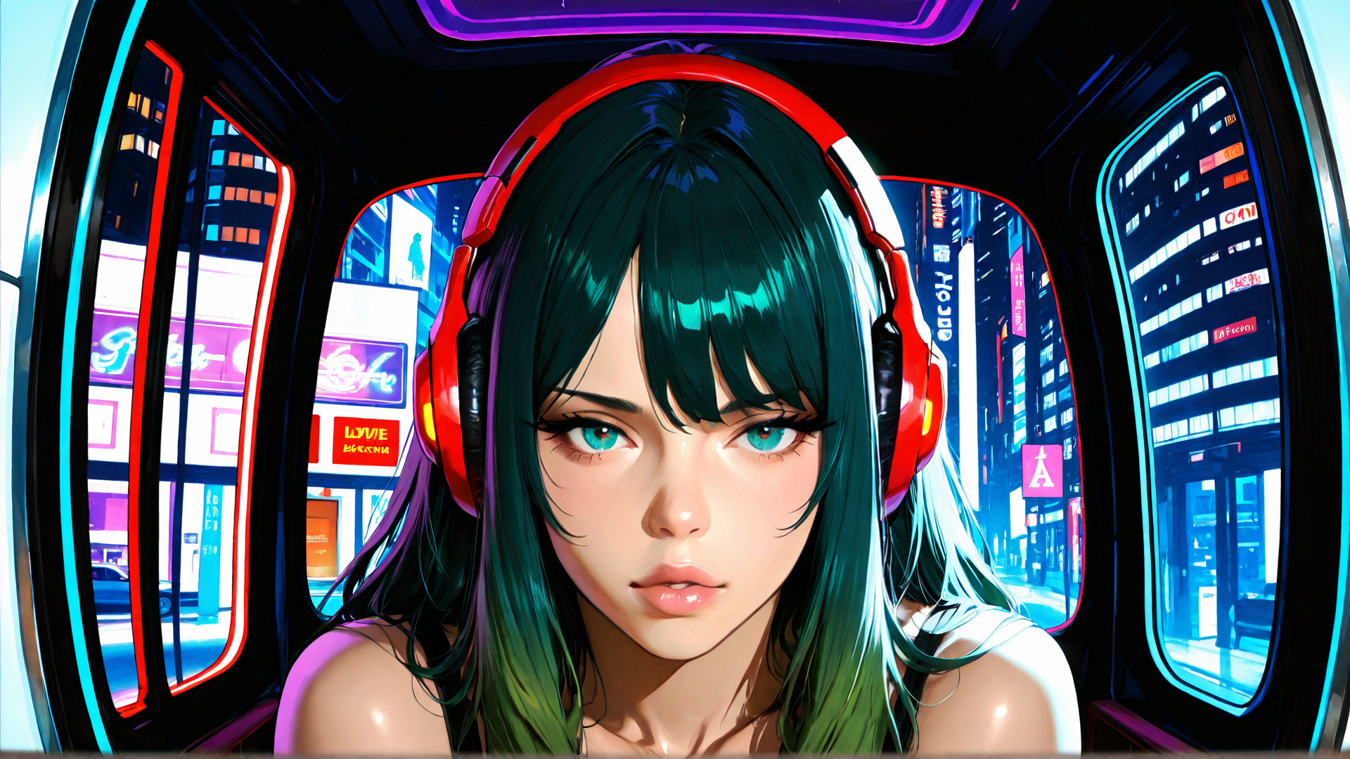 AI generated wallpaper featuring woman, headphones, cityscape, neon lights, building, window, digital art