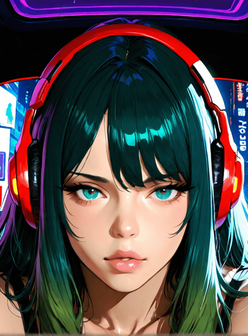 woman, headphones, cityscape, neon lights, building, window, digital art