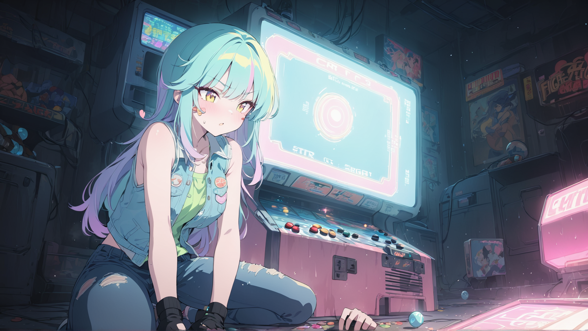 AI generated wallpaper featuring girl, arcade, gaming